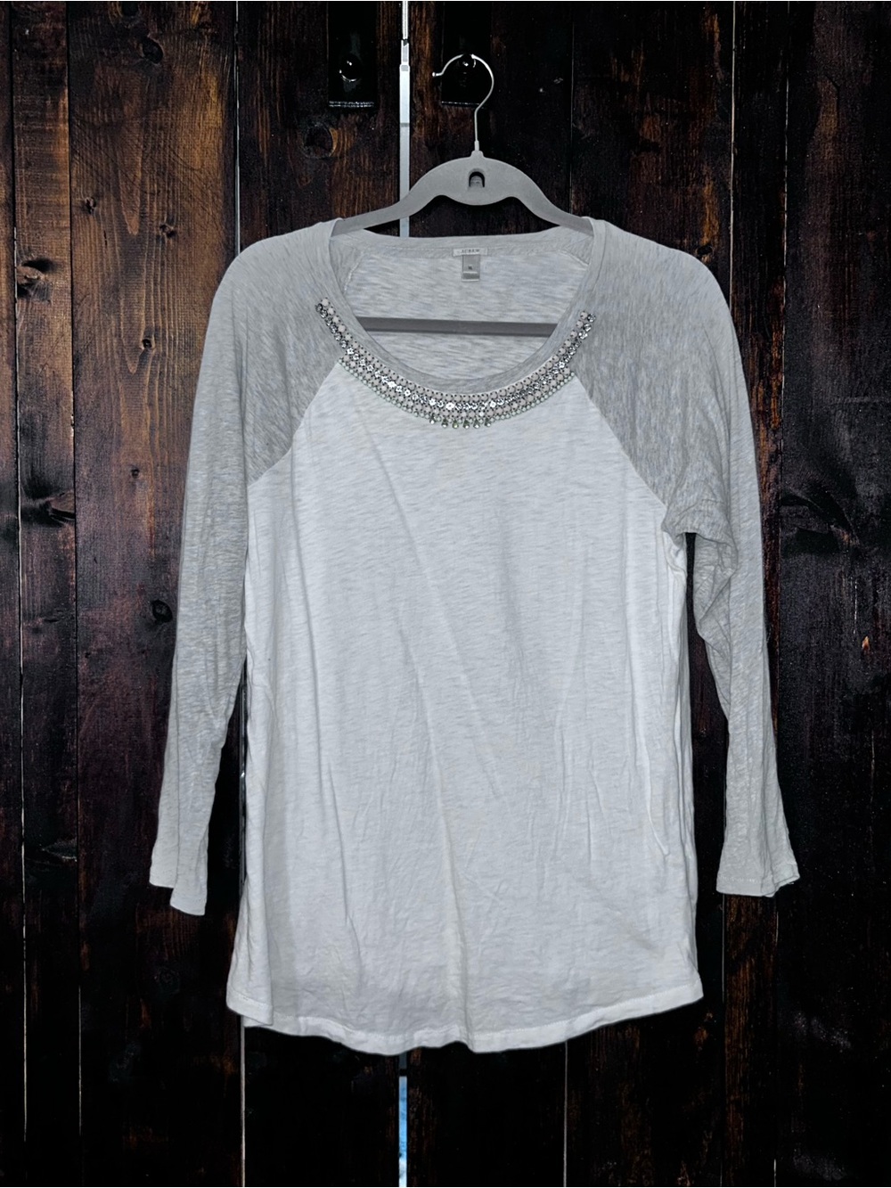 J Crew Embellished Scoop Neck Raglan Top - Light Gray/White